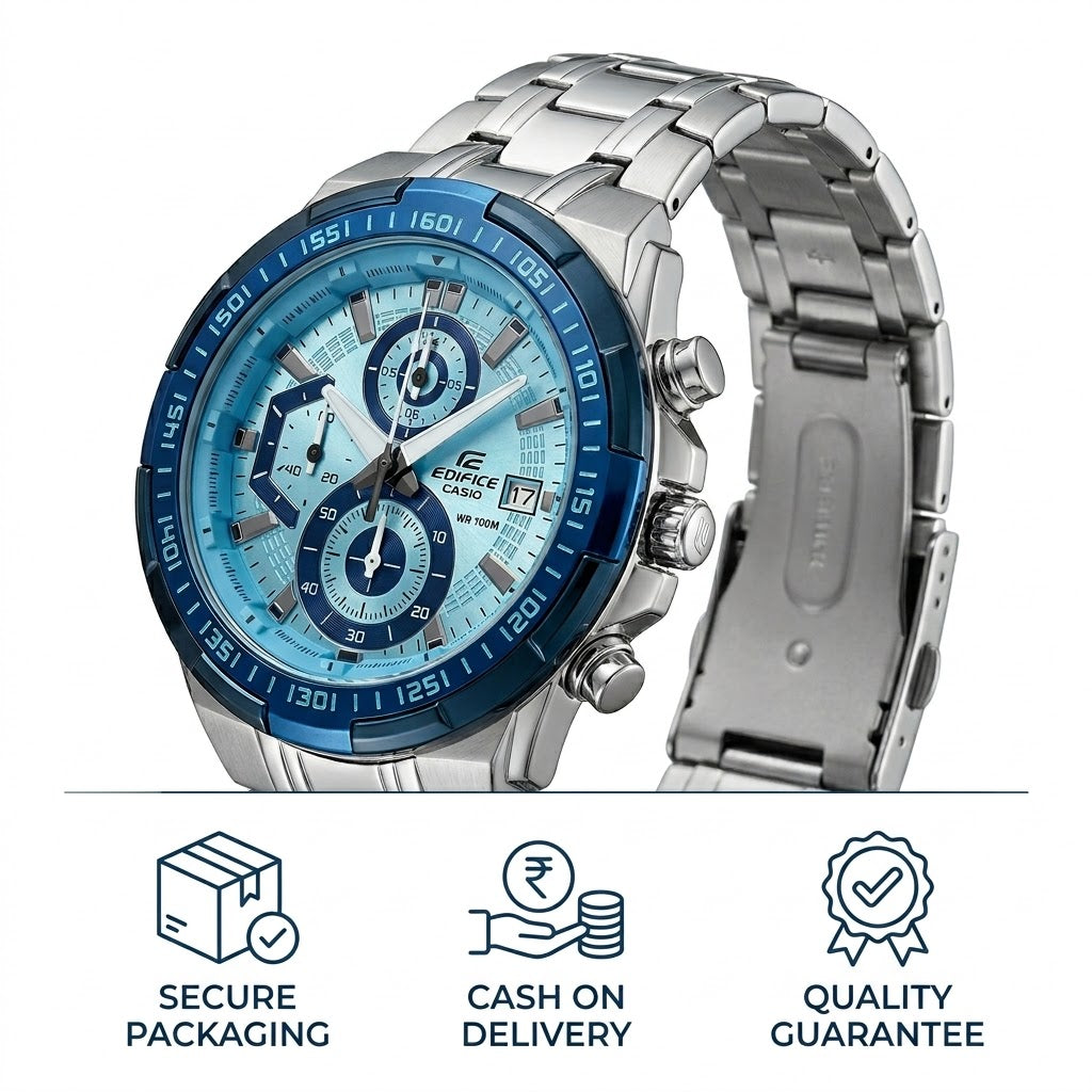 Casio Edifice Blue Dial Detail with Functional Chronograph Sub-dials Close-up