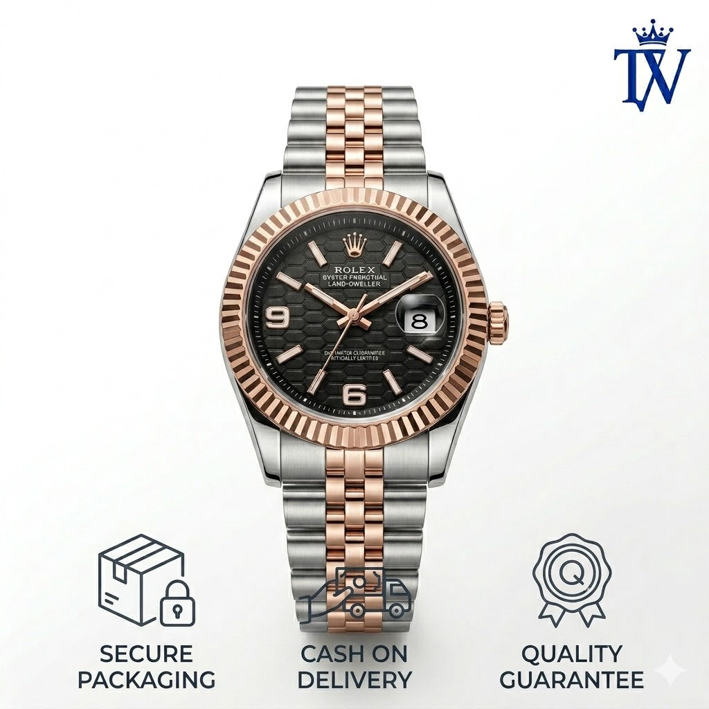 Rose Gold Fluted Bezel and Silver Stainless Steel Case Close-up Detail