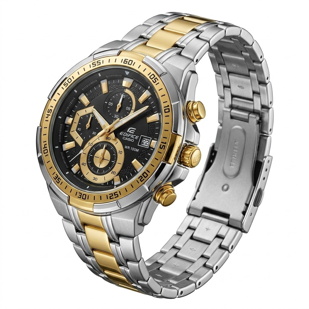 Casio Edifice Black Dial with Gold-Tone Chronograph Sub-dials Detail