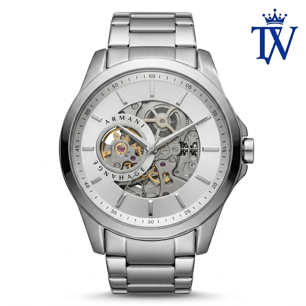 Emporio Armani Meccanico Automatic Skeleton Silver Watch Front View