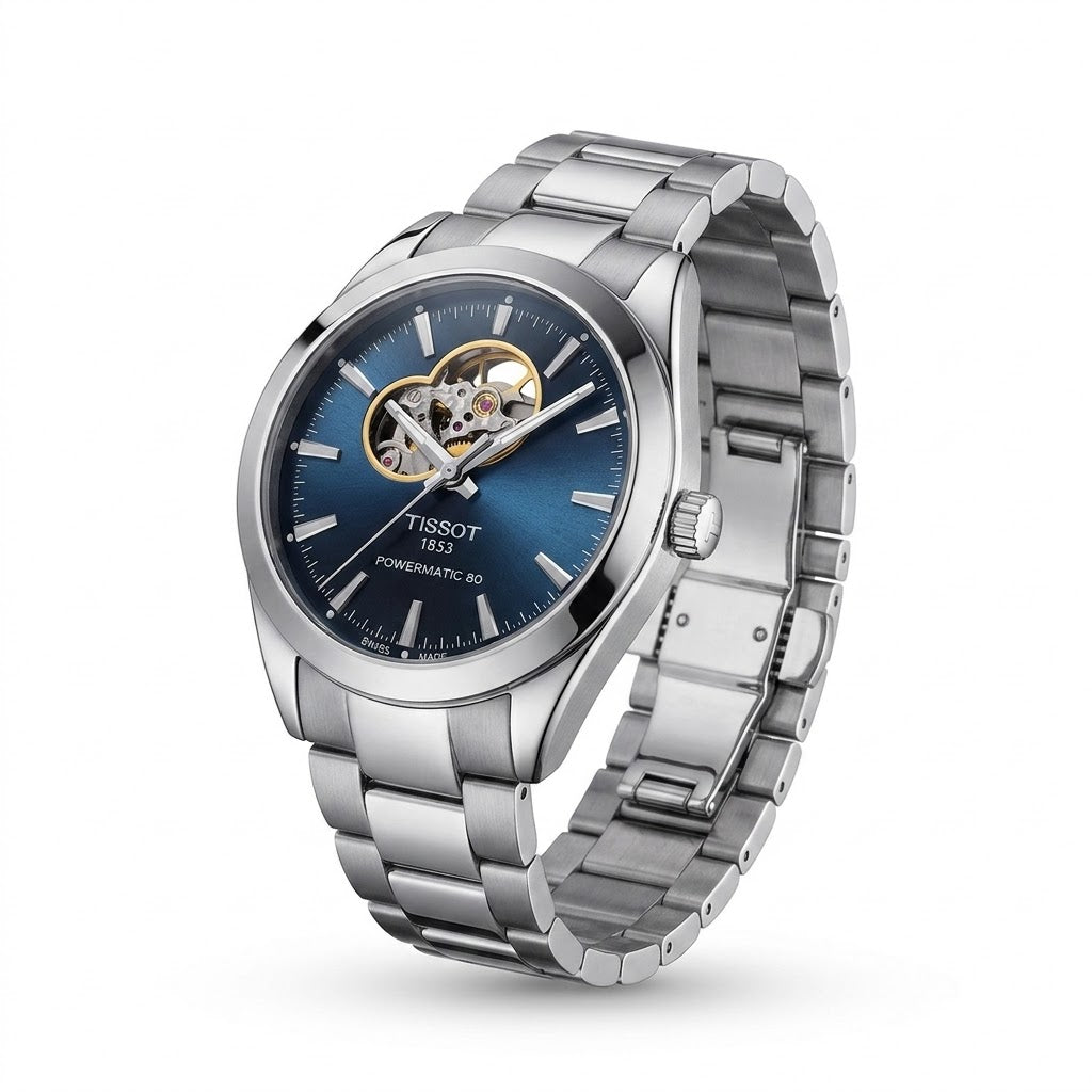 Tissot Gentleman Blue Sunray Dial with Polished Hour Markers Close-up