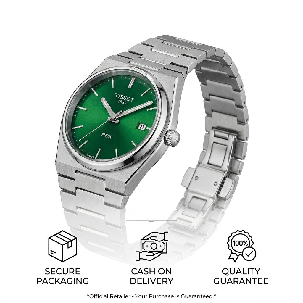 Tissot PRX Green Dial Detail with Luminous Hands Close-up