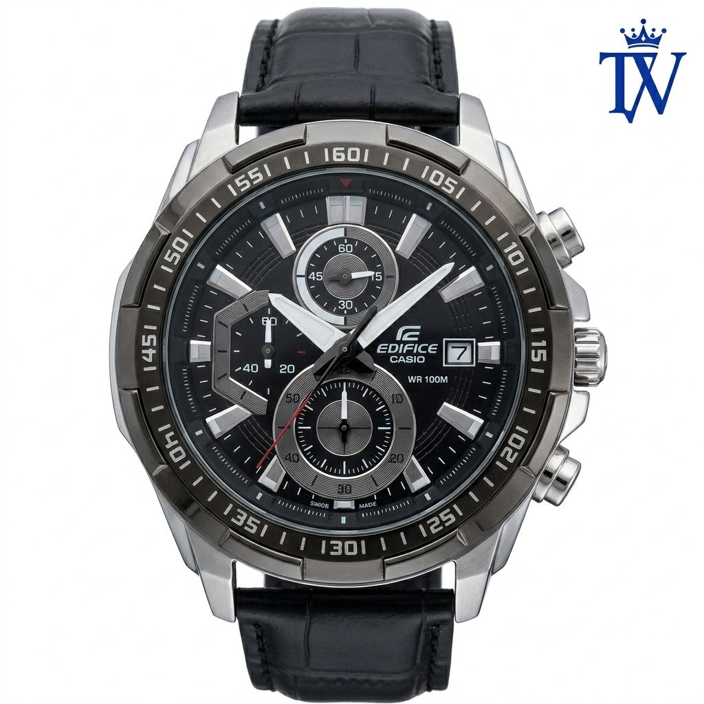 Casio Edifice EFR-539L Men's Chronograph Black Dial Leather Watch Front View