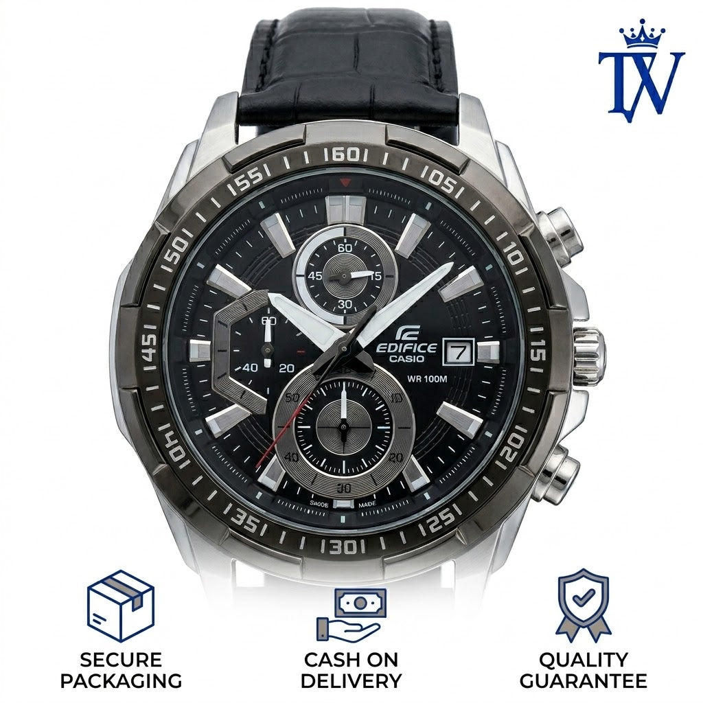 Casio Edifice Genuine Black Leather Strap with Patterned Texture Close-up
