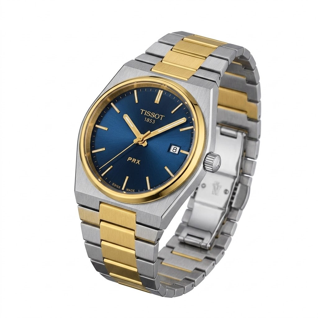 Tissot PRX Blue Sunray Dial with Gold-Tone Hands and Markers Close-up