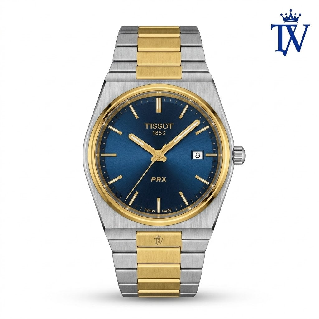 Tissot PRX 40mm Blue Dial Two-Tone Gold and Steel Watch Front View