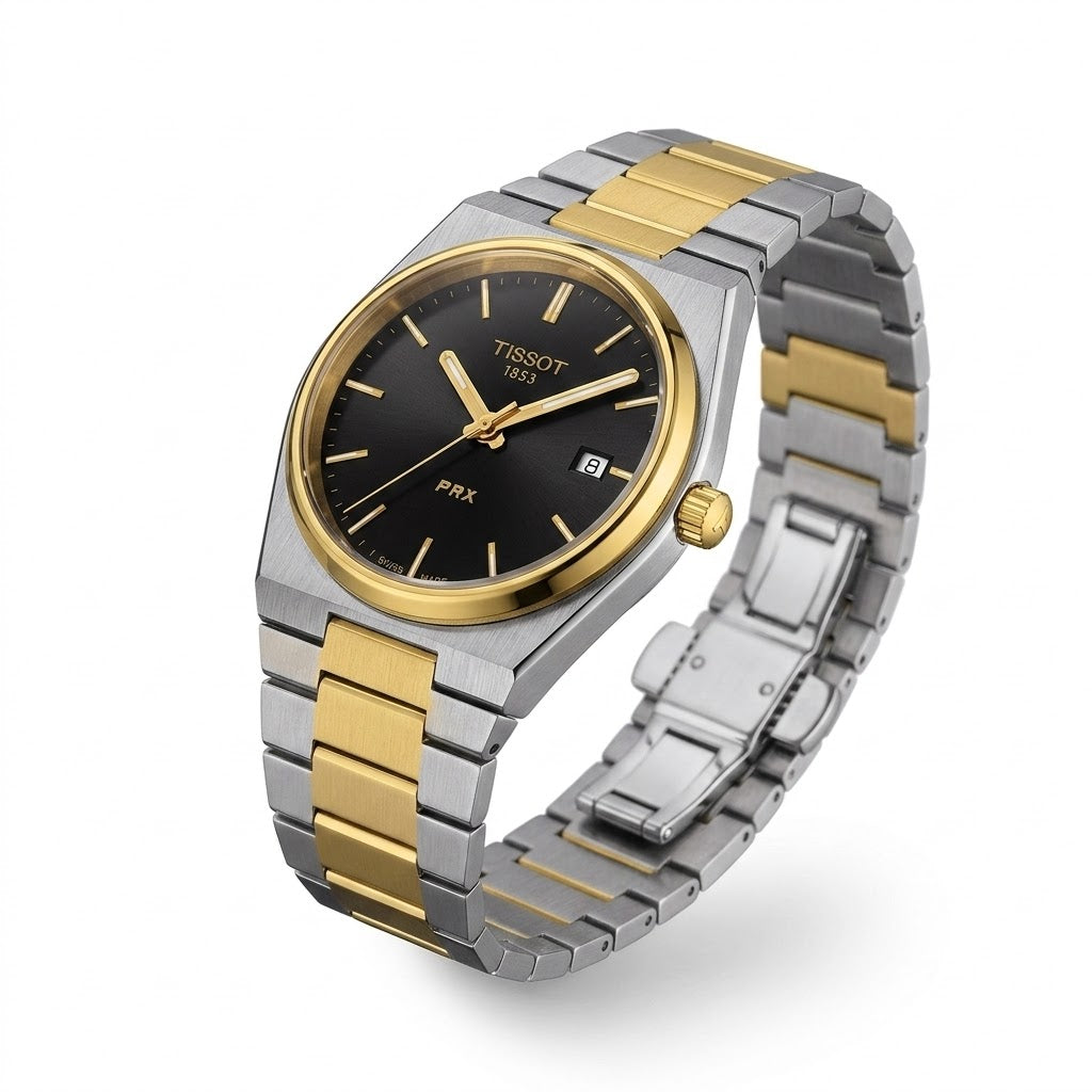 Tissot PRX Gold-Tone Bezel and Silver Stainless Steel Case Detail