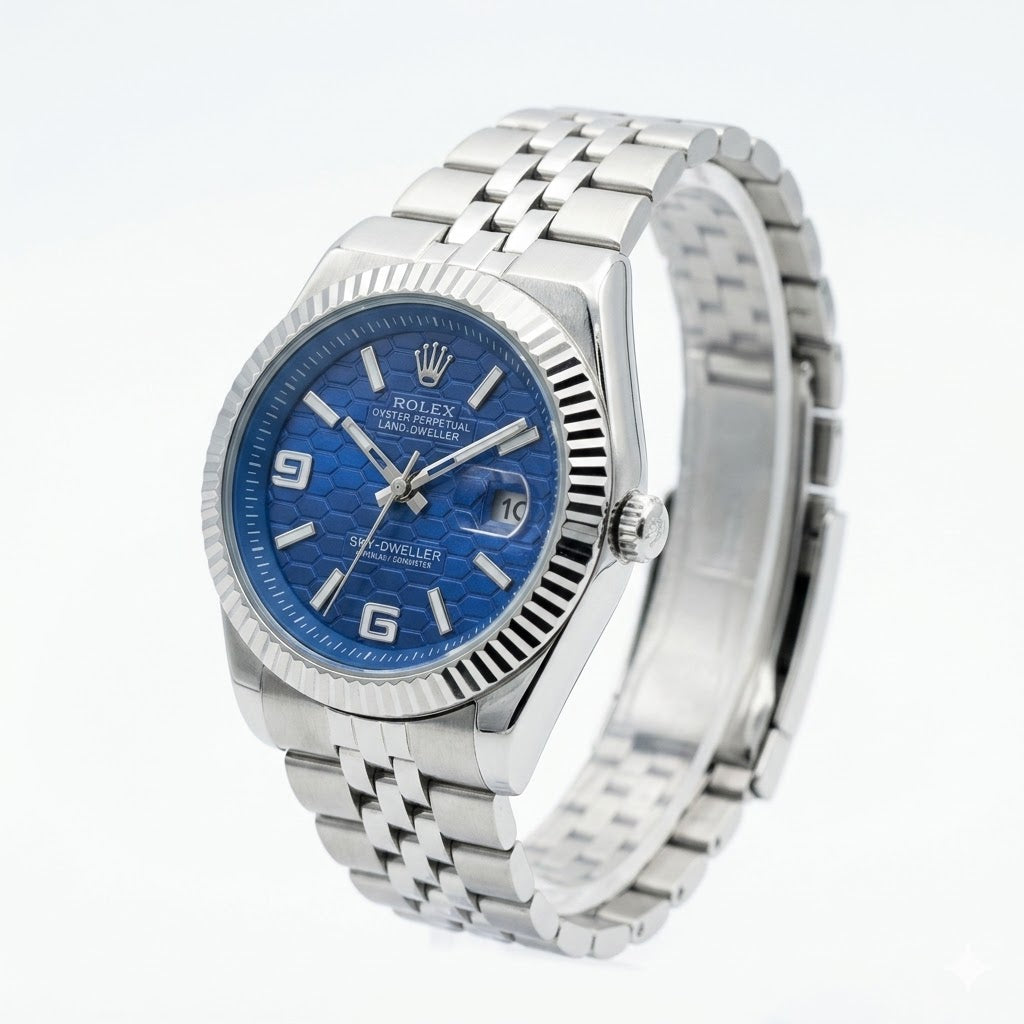 Rolex Blue Honeycomb Dial Texture and Geometric Pattern Detail Close-up