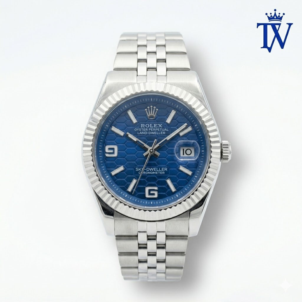 Rolex Oyster Perpetual Land-Dweller Blue Honeycomb Dial Watch Front View