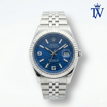 Rolex Oyster Perpetual Land-Dweller Blue Honeycomb Dial Watch Front View