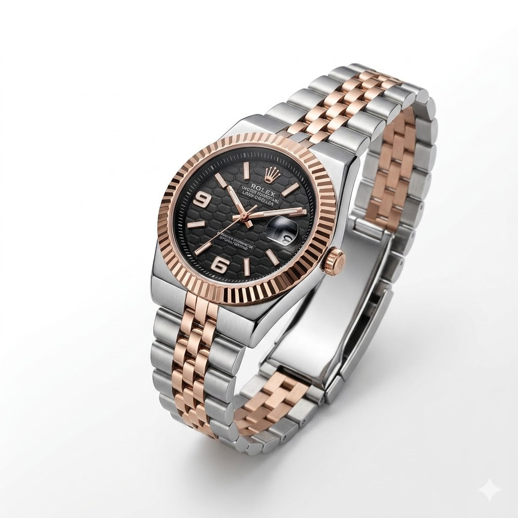 Textured Black Dial with Rose Gold Roman Numerals and Date Window Detail
