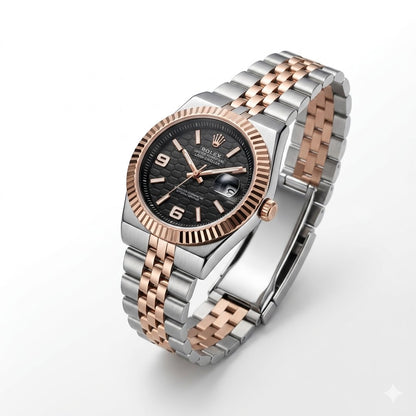 Textured Black Dial with Rose Gold Roman Numerals and Date Window Detail
