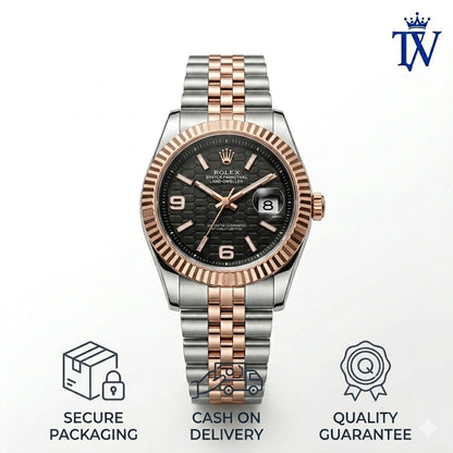 Rose Gold Fluted Bezel and Silver Stainless Steel Case Close-up Detail