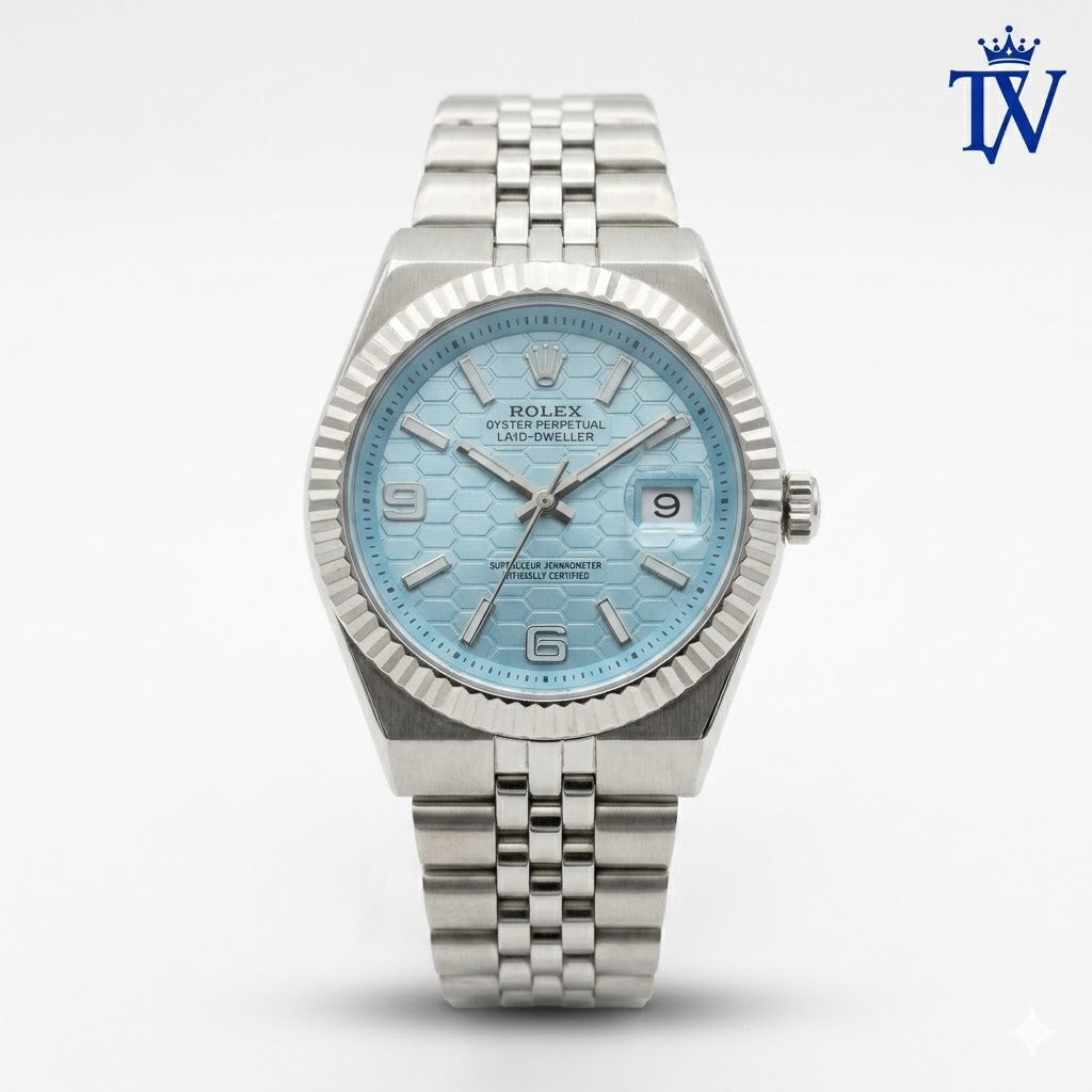 Rolex Land-Dweller Ref. 127336-0001 Ice Blue Honeycomb Dial Watch Front View