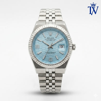 Rolex Land-Dweller Ref. 127336-0001 Ice Blue Honeycomb Dial Watch Front View