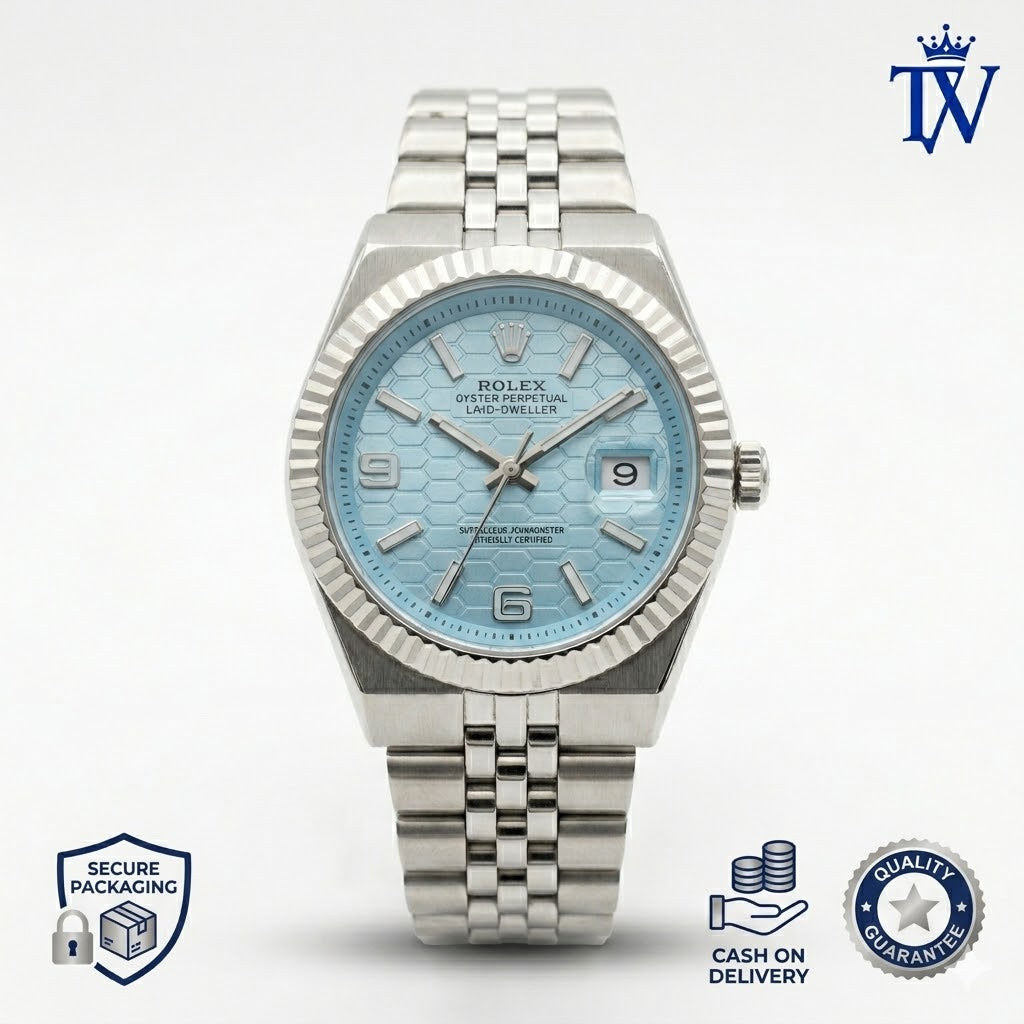 Rolex Land-Dweller Platinum-Finish Fluted Bezel and Case Close-up