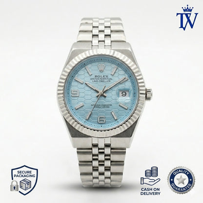 Rolex Land-Dweller Platinum-Finish Fluted Bezel and Case Close-up