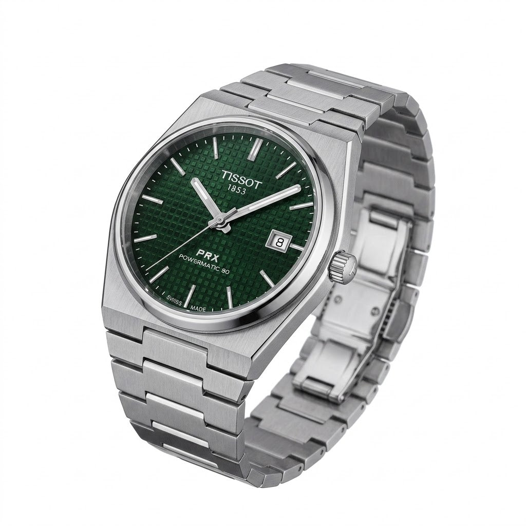 Tissot PRX Green Waffle Texture Dial with Luminous Hands and Indices Close-up