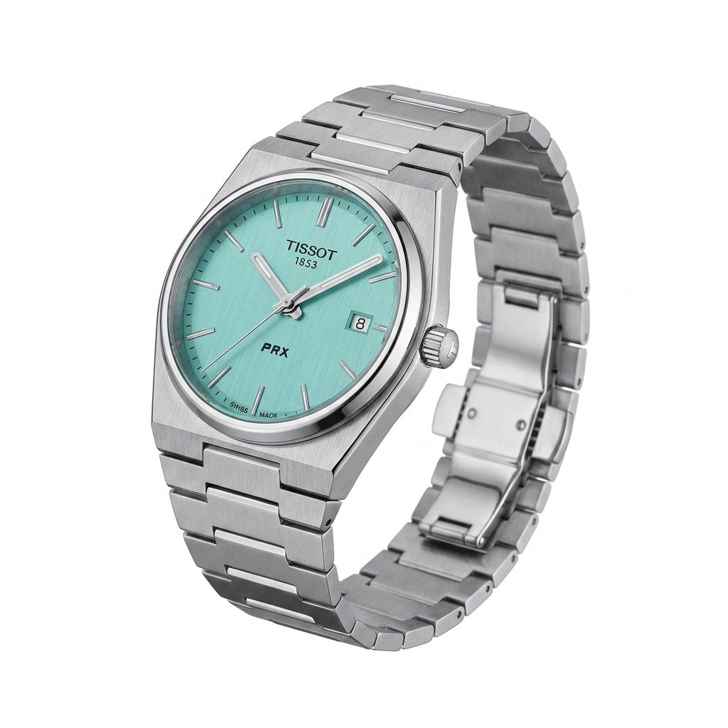 Tissot PRX Ice Blue Waffle/Sunray Dial Texture with Luminous Hands Detail