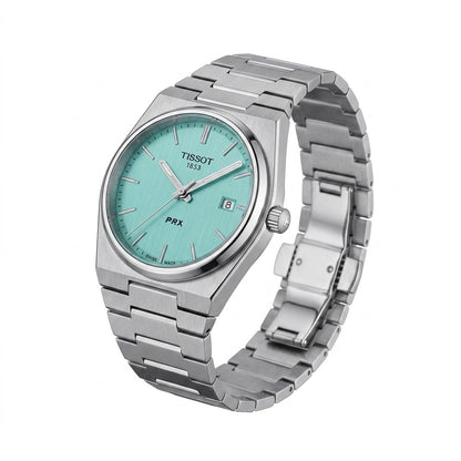 Tissot PRX Ice Blue Waffle/Sunray Dial Texture with Luminous Hands Detail