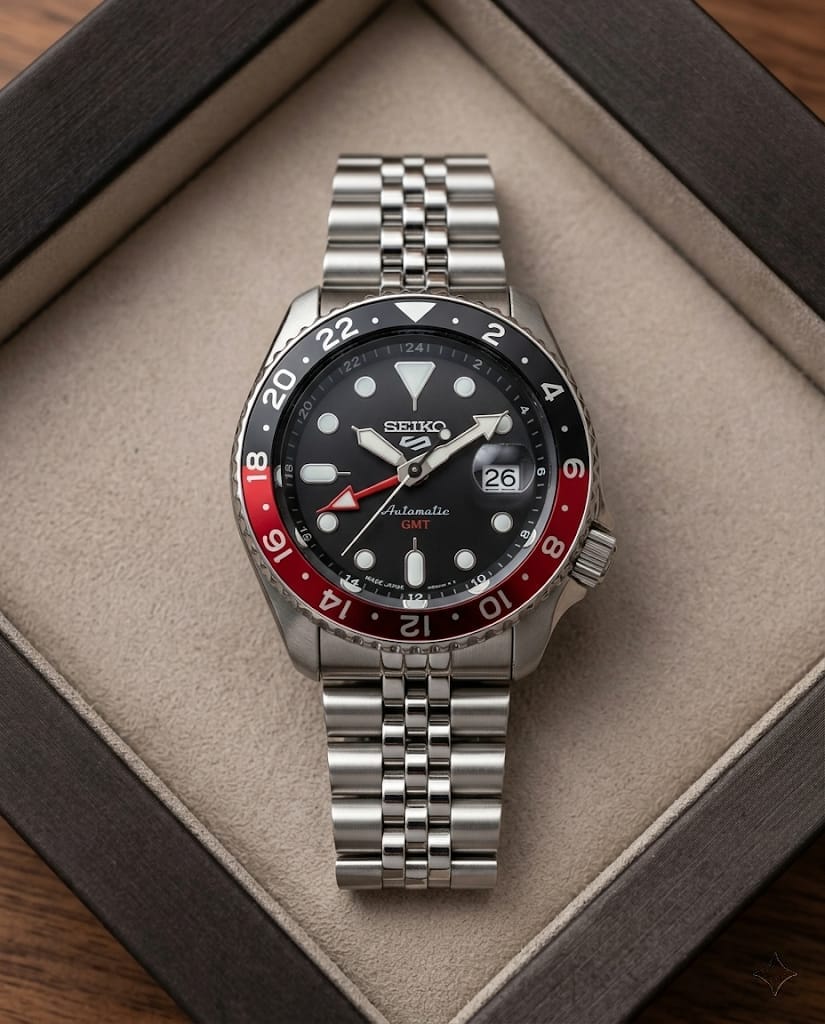 Seiko 5 GMT Silver-Black Stainless Steel Watch | Premium Quality Master Copy