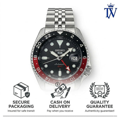 Seiko 5 GMT Silver-Black Stainless Steel Watch | Premium Quality Master Copy