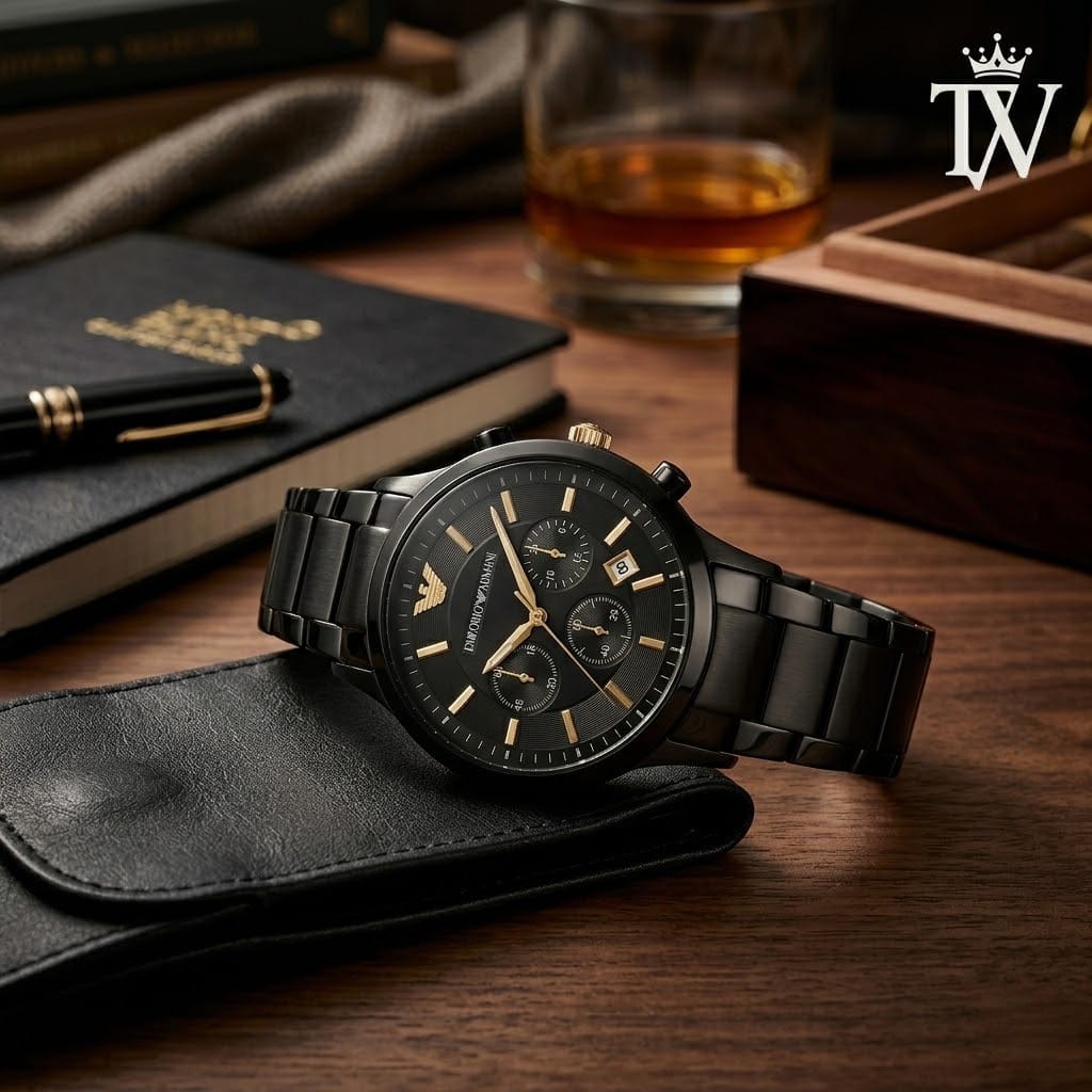 Armani Branded Crown and Chronograph Pushers Side View