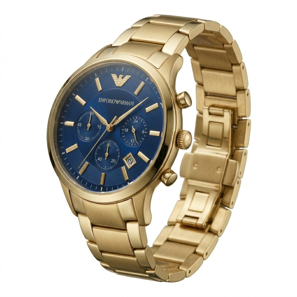 Armani Classic Deep Royal Blue Sunray Dial and Gold Logo Detail