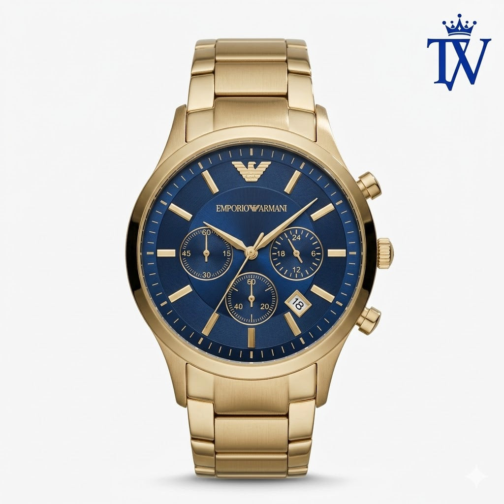 Armani Classic Royal Blue Dial Gold Steel Watch Front View Master Quality