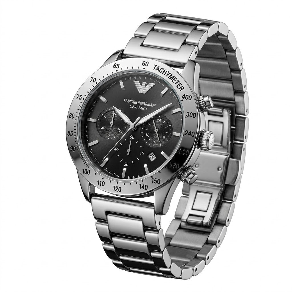 Armani Sunray Black Dial Detail with Working Chronograph Sub-dials