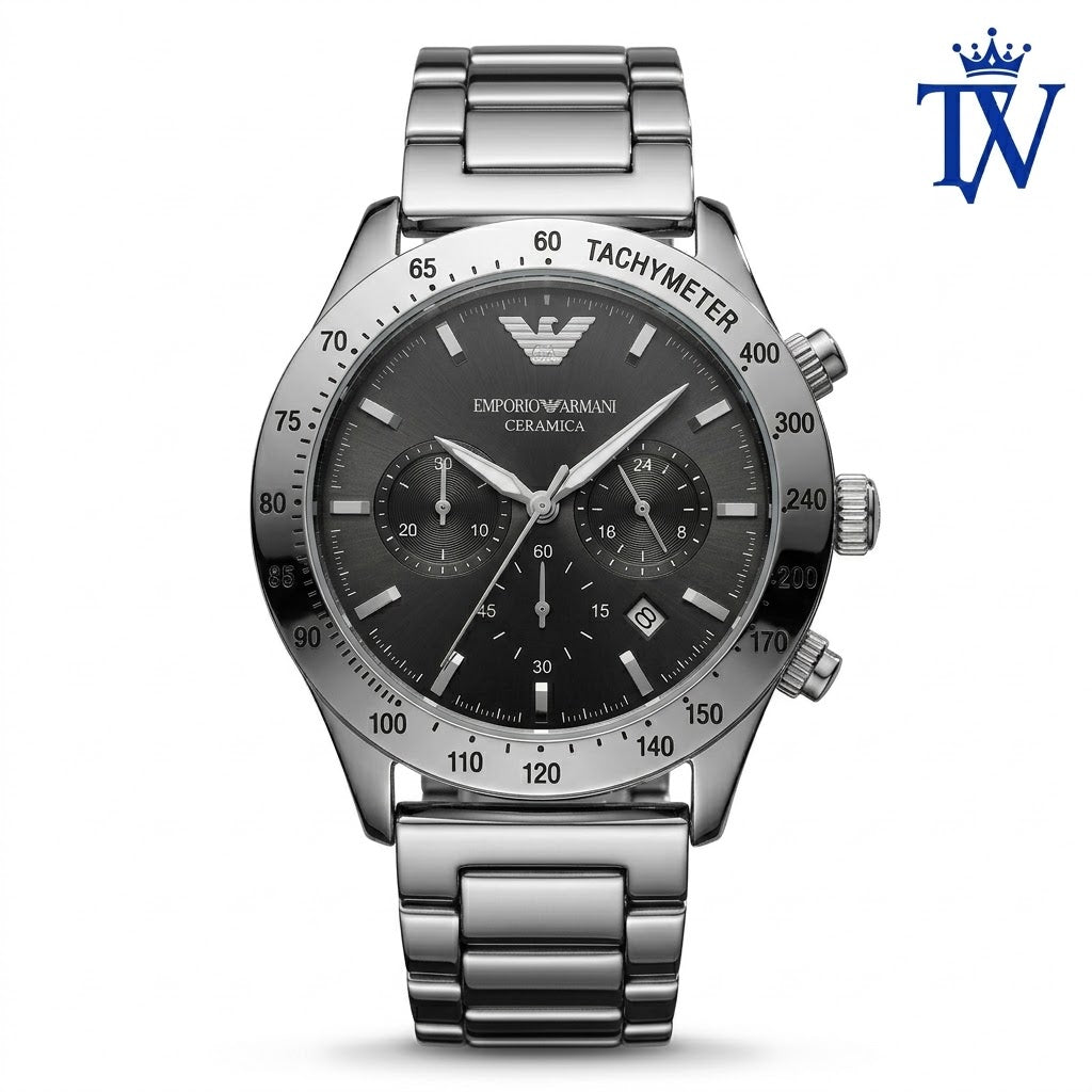 Emporio Armani Chronograph Black Dial Silver Steel Watch Front View