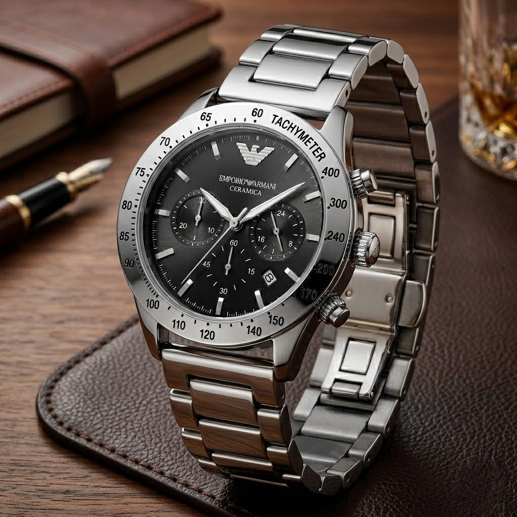 Emporio Armani Side Profile with Branded Crown and Chrono Pushers