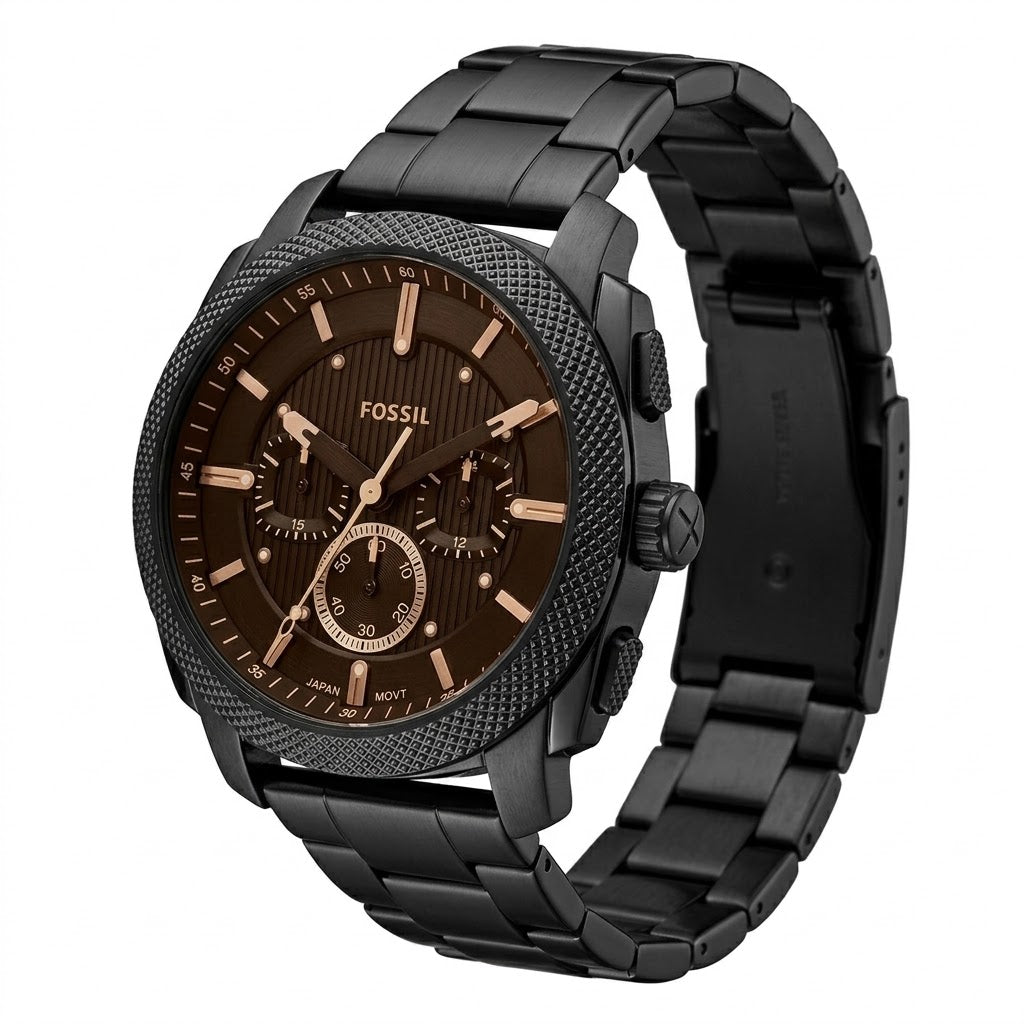 Fossil Black Textured Dial showing Working Chronograph Sub-dials Detail