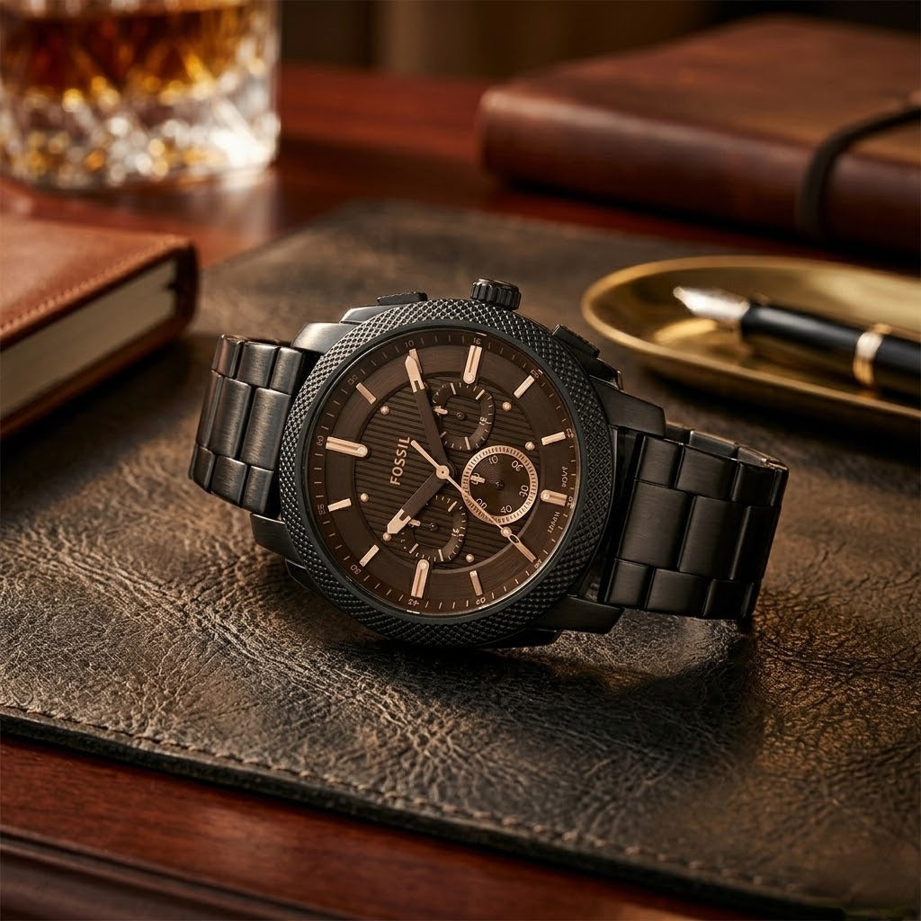 Fossil Black PVD Coated Stainless Steel Chain Strap Texture Detail