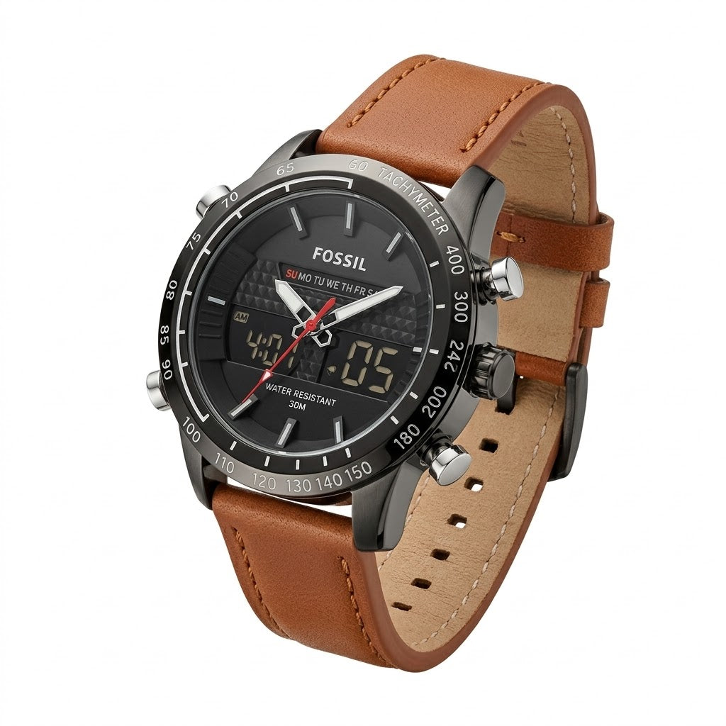 Fossil watch with brown leather strap on a white background