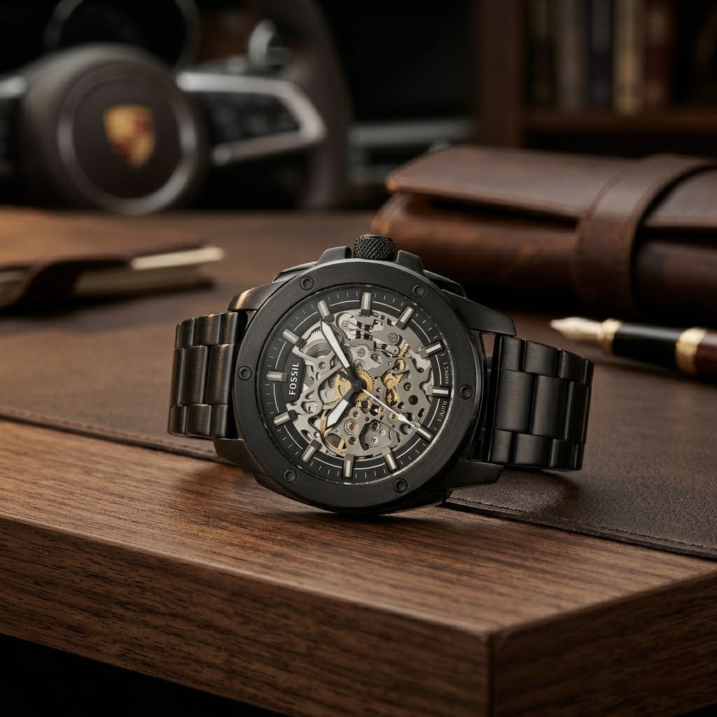 Fossil Modern Machine Industrial Black/Silver Case and Bezel Close-up