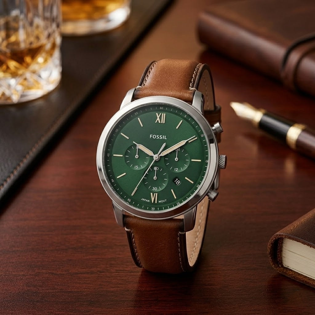 Fossil Neutra Side Profile showing Polished Case and Branded Crown