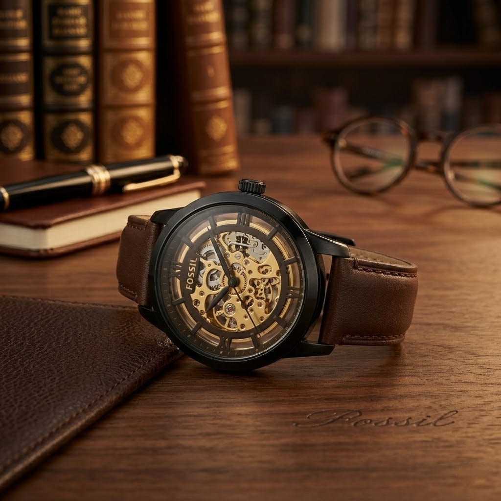Fossil Townsman Dark Brown Premium Leather Strap Texture