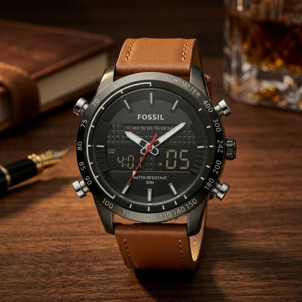 Fossil watch with brown leather strap on a wooden surface with a book and glass in the background