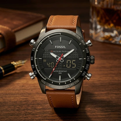Fossil watch with brown leather strap on a wooden surface with a book and glass in the background