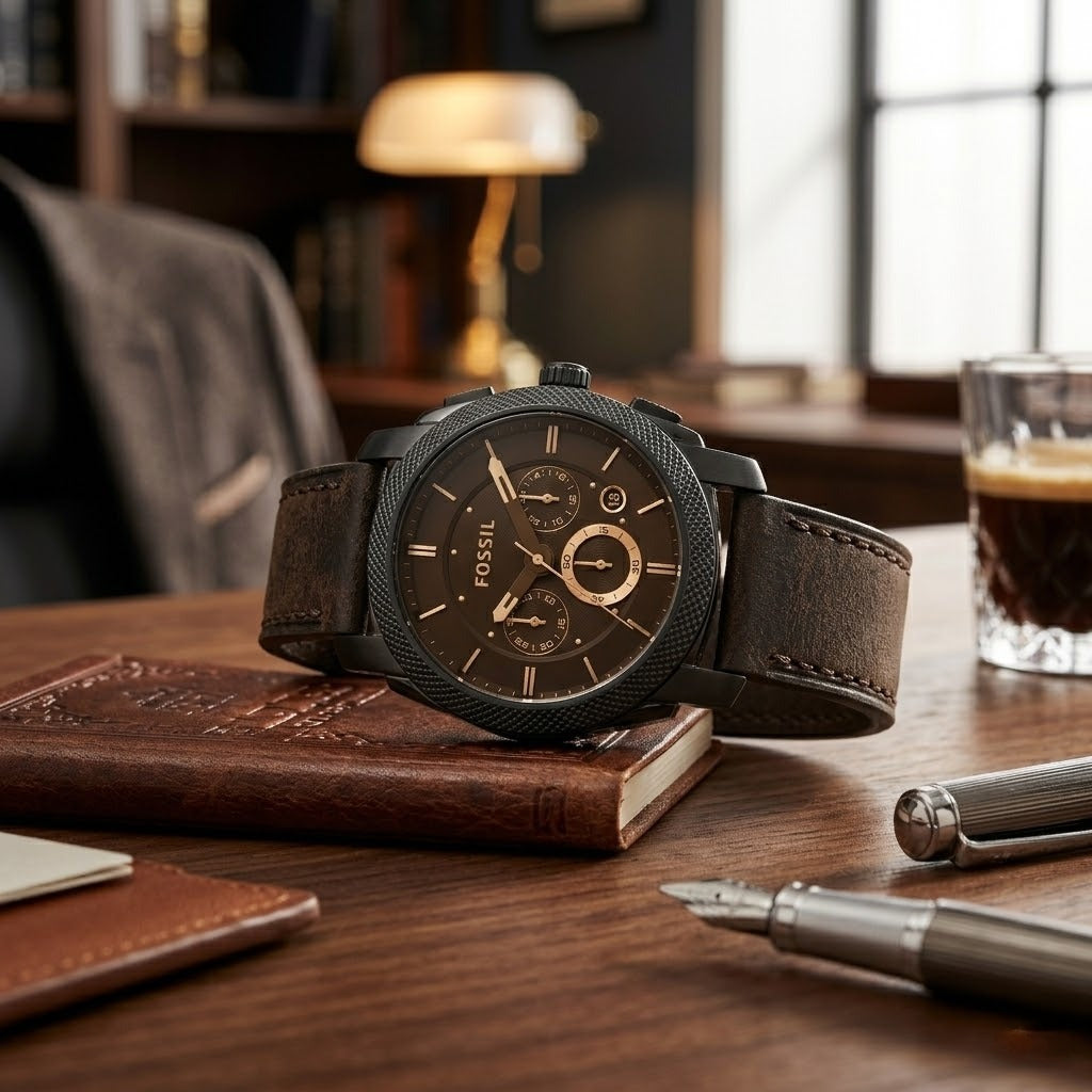 Fossil Machine Premium Brown Genuine Leather Strap Texture Detail