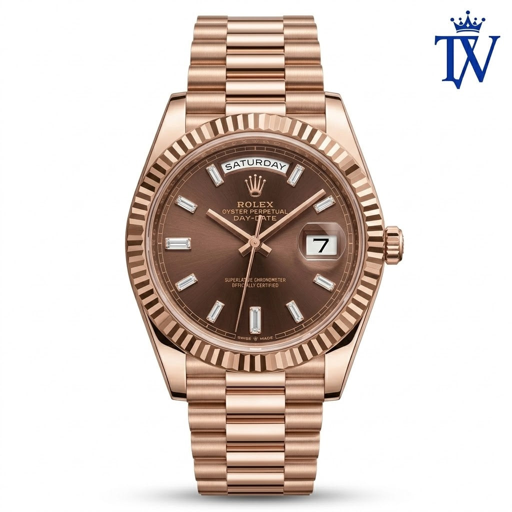 Rolex Chocolate Dial with Baguette Diamond Hour Markers Detail Close-up