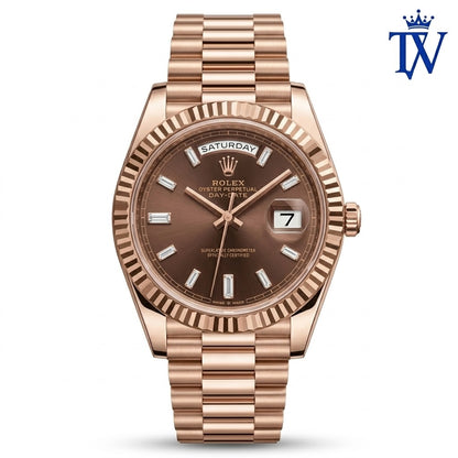 Rolex Chocolate Dial with Baguette Diamond Hour Markers Detail Close-up