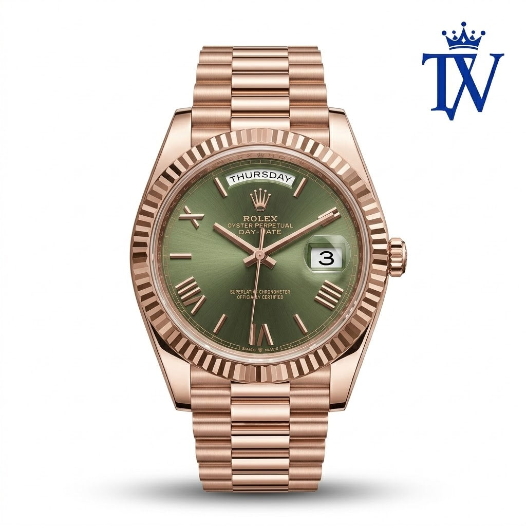 Rolex Day-Date 40 18k Everose Gold Olive Green Dial Watch Front View