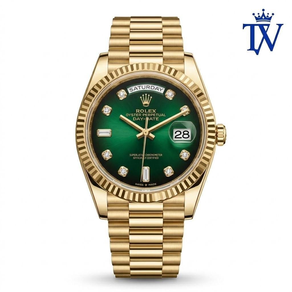 Rolex Day-Date 40mm Yellow Gold Green Dial Men's Watch Front View