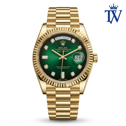 Rolex Day-Date 40mm Yellow Gold Green Dial Men's Watch Front View