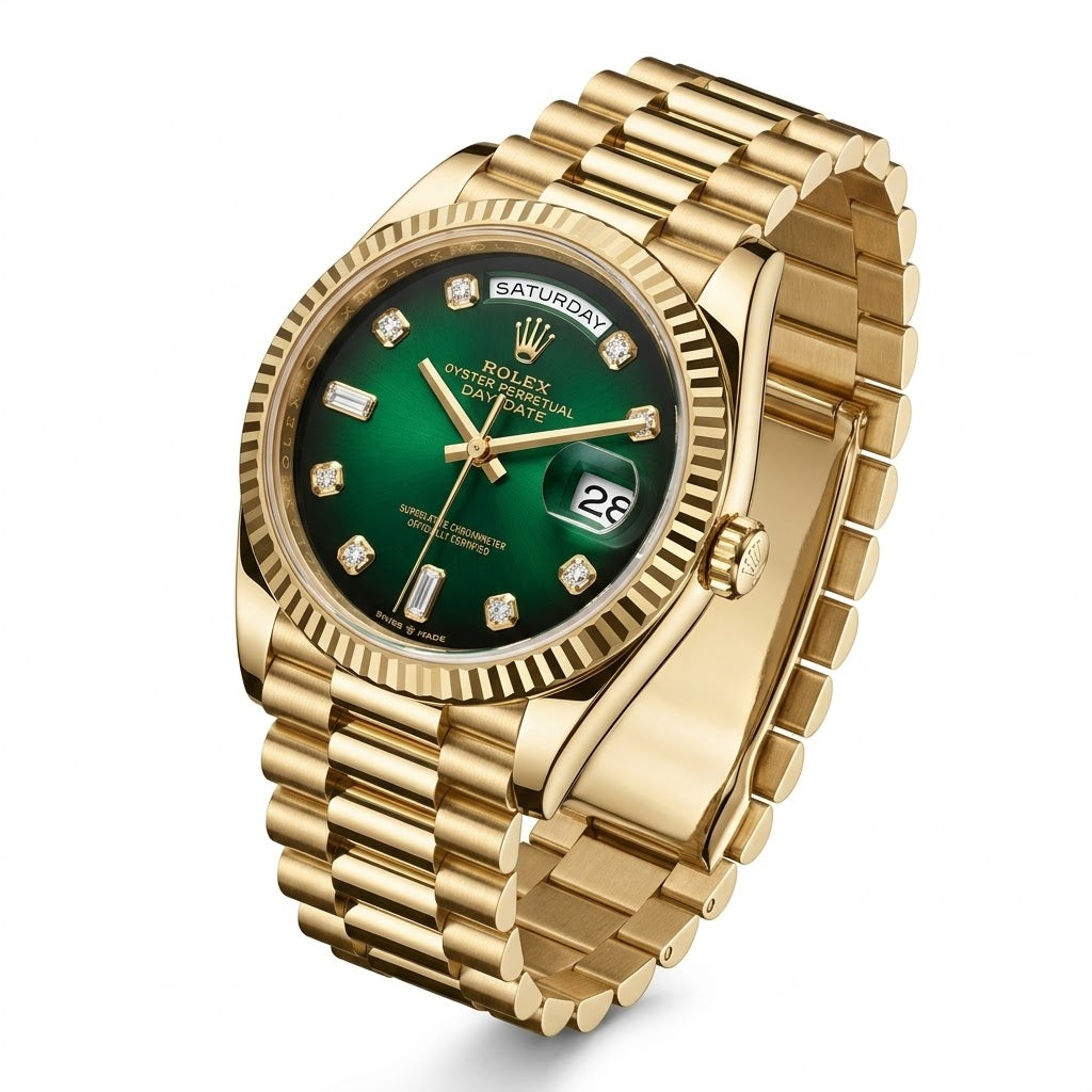 Rolex Green Dial with Brilliant Diamond Hour Markers Detail Close-up