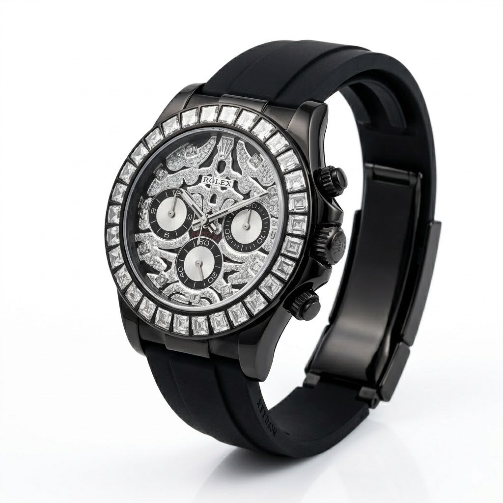 Rolex Tiger-Motif Dial with Diamond-Set Hour Markers Detail Close-up