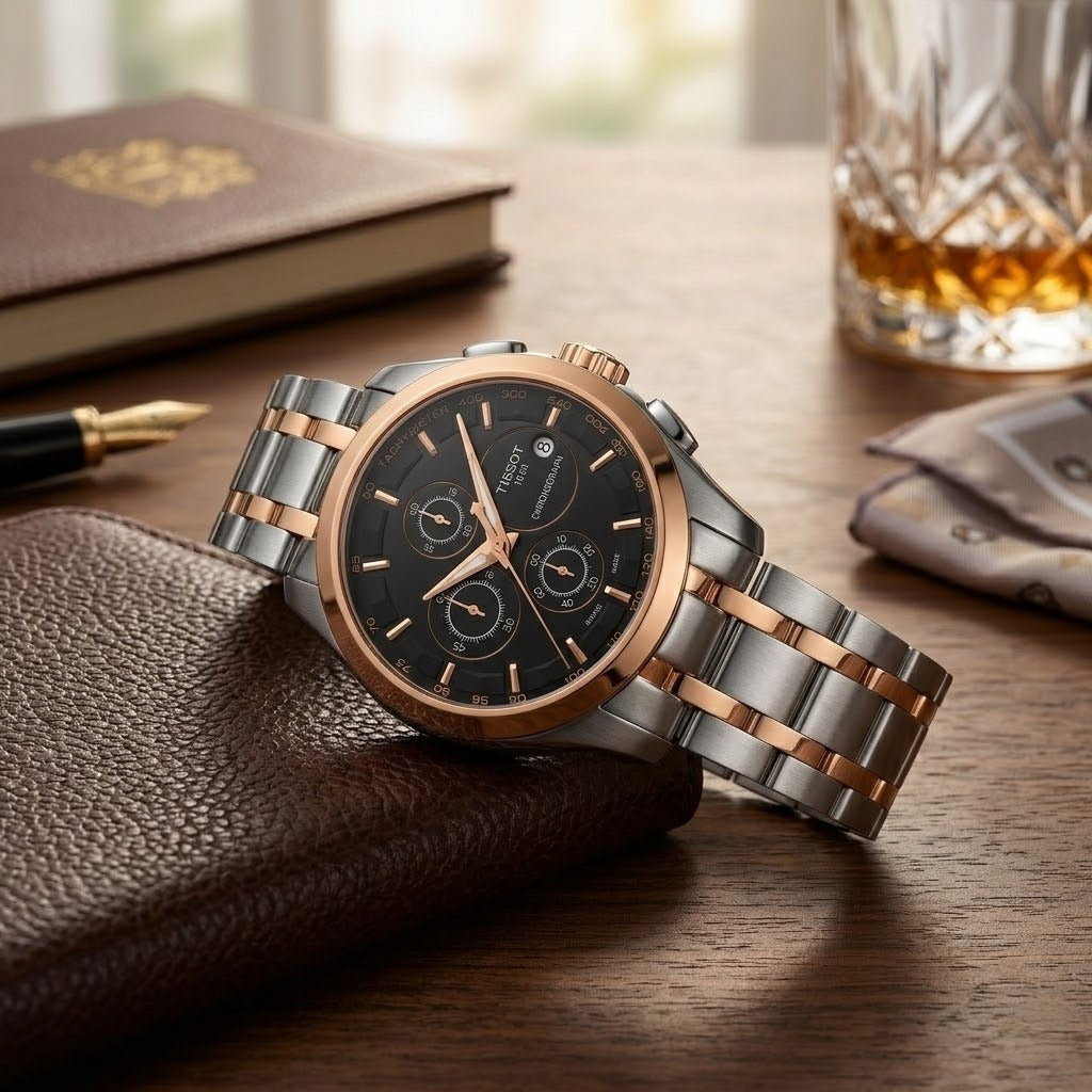 Tissot 1853 Side Profile showing Polished Case and Branded Crown