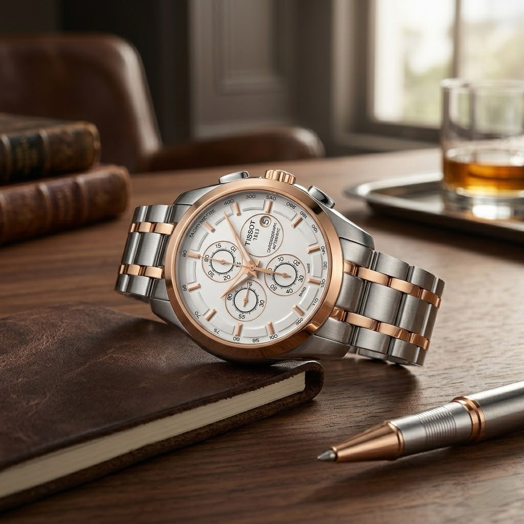 Tissot Polished Stainless Steel Silver Chain Strap with Rose Gold Accents